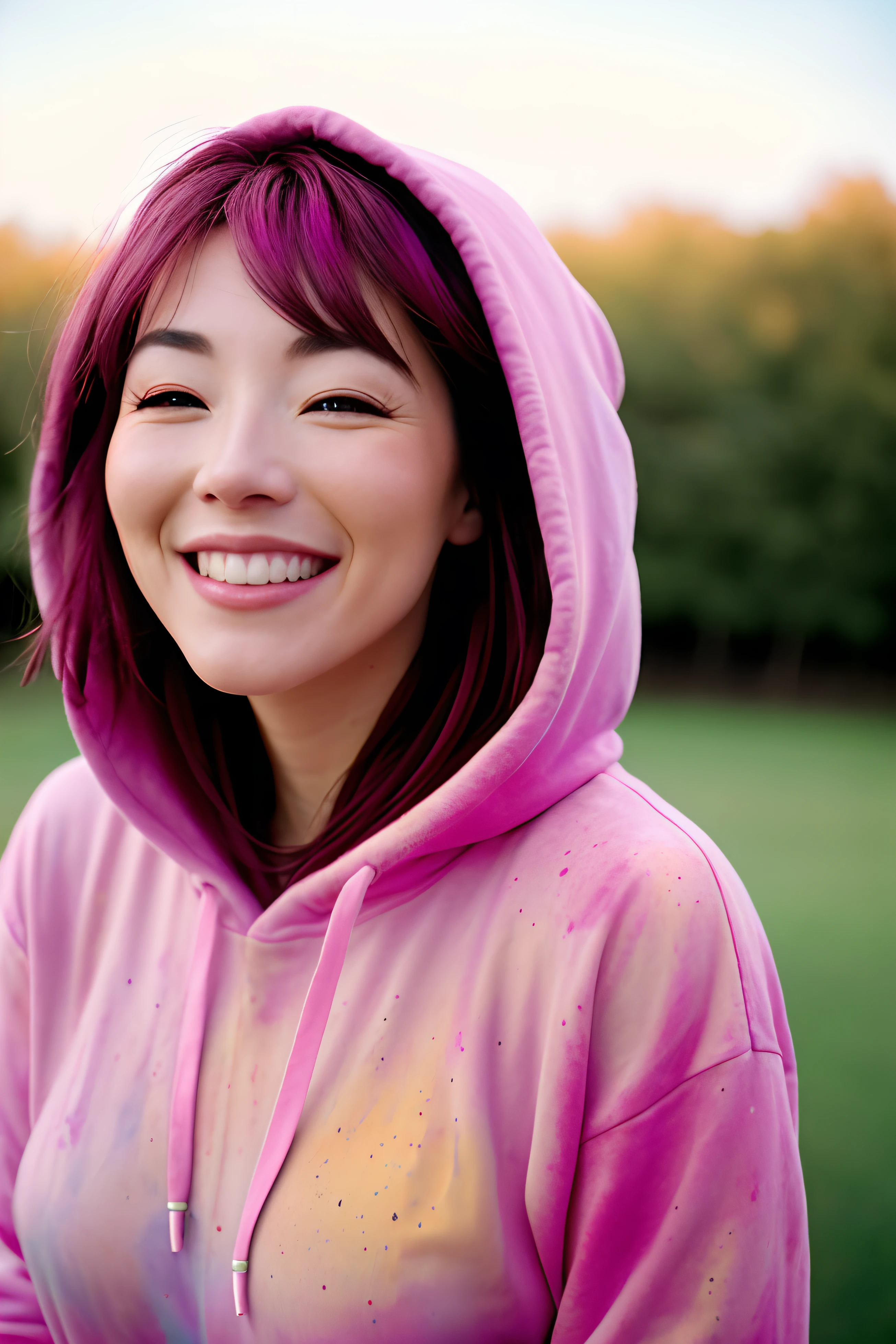 very very beautiful Spanish , A beautiful, big smile , college woman, wearing hoodie, looking at viewer, holi color festival, portrait, hyper detailed POV, by lee jeffries, nikon d850, film stock photograph ,4 kodak portra 400 ,camera f1.6 lens ,rich colors ,hyper realistic ,lifelike texture, dramatic lighting , cinestill 800,  she is 18 years old