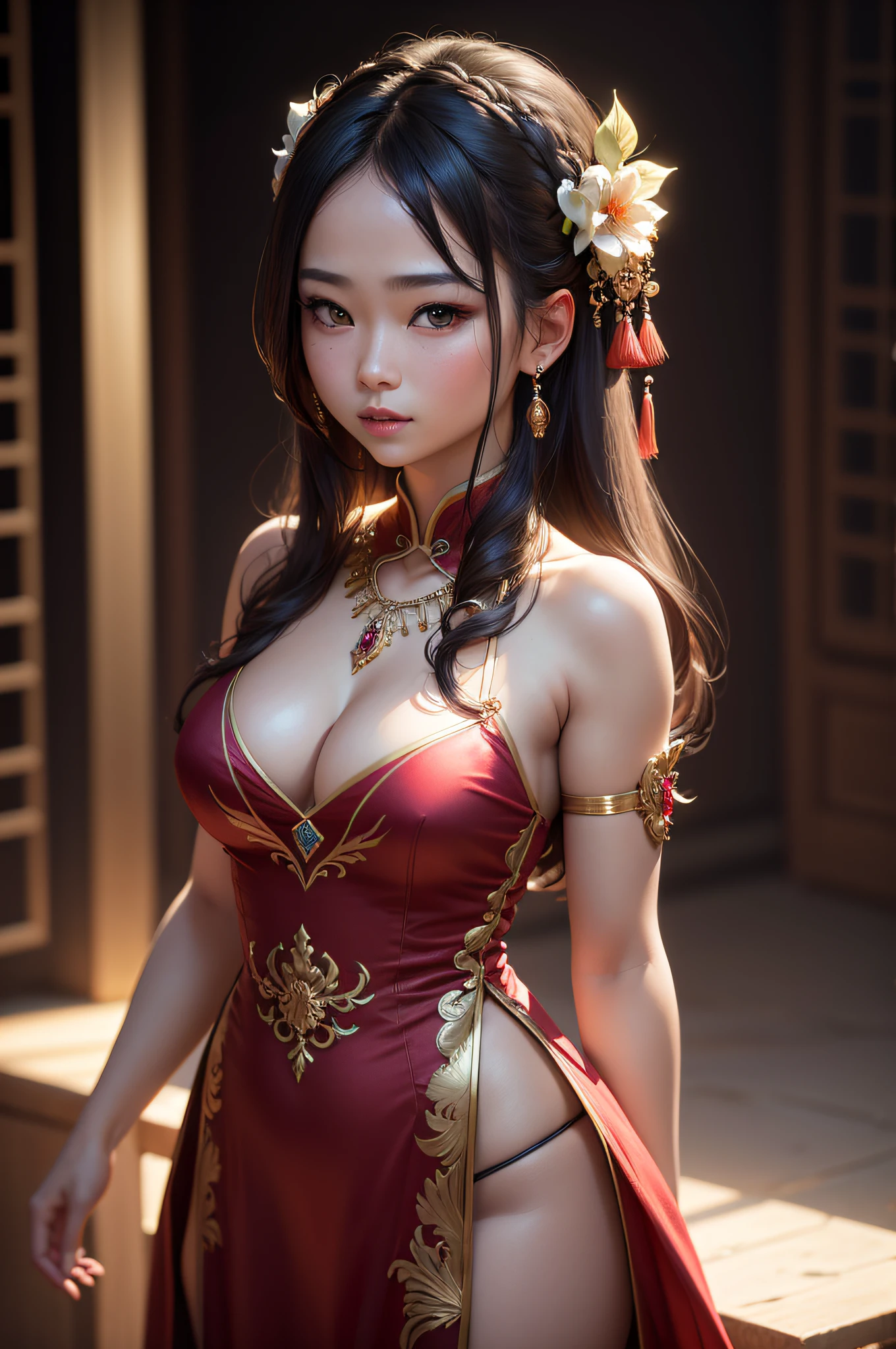 best quality, masterpiece, highres, 1girl, chinese dress, hair ornament, necklace, jewelry, Beautiful face, upon_body, tyndall effect, photorealistic, dark studio, rim lighting, two tone lighting, (high detailed skin:1.2), 8k uhd, dslr, soft lighting, high quality, volumetric lighting, candid, Photograph, high resolution, 4k, 8k, Bokeh, medium breasts,