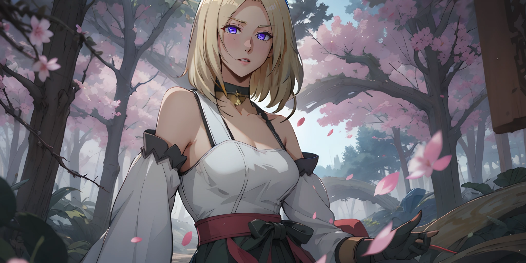 solo focus, solo, (blonde hair, medium hair:1.7), purple eyes, 1girl, tree, cherry_blossoms, hair_ornament, flower, solo, breasts, looking_at_viewer, hair_flower, looking_back, bare_shoulders, detached_sleeves, outdoors, tree_branch, large_breasts, day, petals, gloves, choker, japanese_clothes, wide_sleeves, sky, from_behind, wind, hakama, standing, holding, glow effects, godrays, Hand drawn, render, 8k, octane render, cinema 4d, blender, dark, atmospheric 4k ultra detailed, cinematic, Sharp focus, big depth of field, Masterpiece, colors, 3d octane render, 4k, concept art, trending on artstation, hyperrealistic, Vivid colors, extremely detailed CG unity 8k wallpaper, trending on CGSociety, Intricate, High Detail, dramatic,