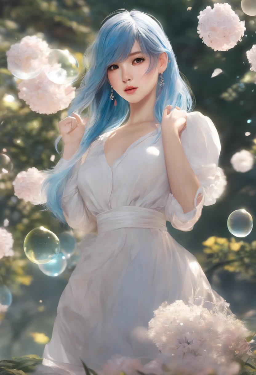 (masterpiece), (best quality), (ultra detailed),(disheveled hair),(illustration), (1girl), (Fashionable clothing), standing, Fashion model, looking at viewer, (interview), (simple background),beautiful detailed eyes, delicate beautiful face, Floating,(high saturation),(colorful splashes),colorful bubble,(shining), focus on face,  ponytail, kamisato ayaka, light blue hair, bangs, hair ring, floating flowers, floating hairs, (shining), best lighting, best shadow,