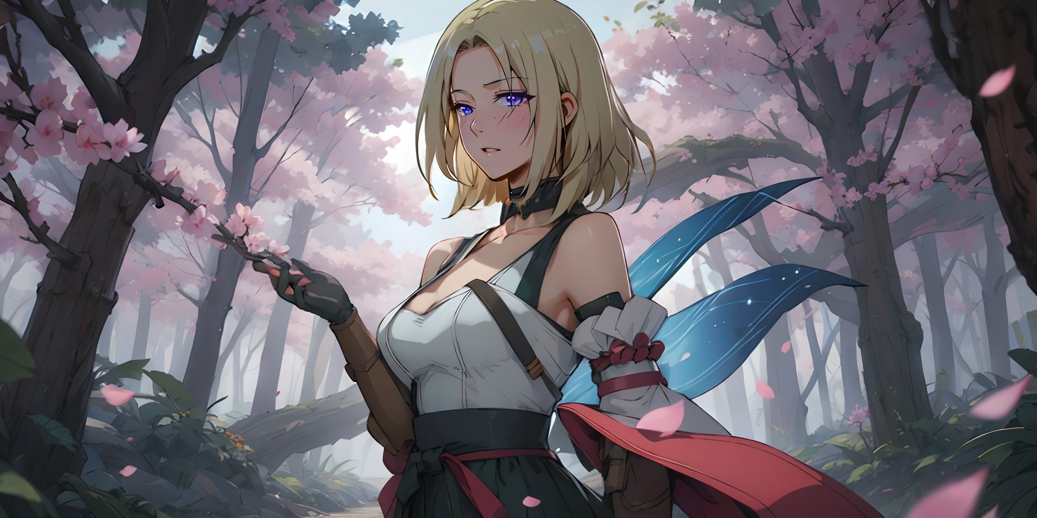 solo focus, solo, (blonde hair, medium hair:1.7), purple eyes, 1girl, tree, cherry_blossoms, hair_ornament, flower, solo, breasts, looking_at_viewer, hair_flower, looking_back, bare_shoulders, detached_sleeves, outdoors, tree_branch, large_breasts, day, petals, gloves, choker, japanese_clothes, wide_sleeves, sky, from_behind, wind, hakama, standing, holding, glow effects, godrays, Hand drawn, render, 8k, octane render, cinema 4d, blender, dark, atmospheric 4k ultra detailed, cinematic, Sharp focus, big depth of field, Masterpiece, colors, 3d octane render, 4k, concept art, trending on artstation, hyperrealistic, Vivid colors, extremely detailed CG unity 8k wallpaper, trending on CGSociety, Intricate, High Detail, dramatic,