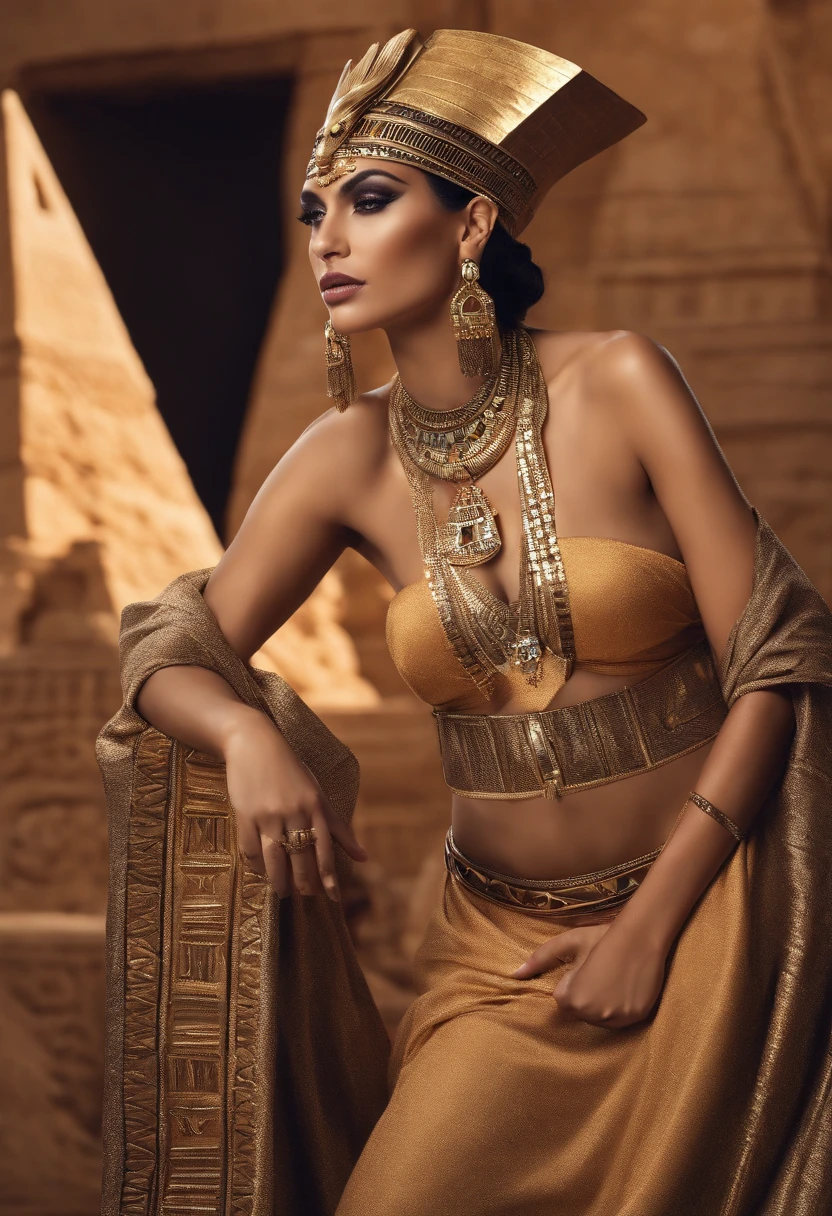 Hyper realistic photoshoot woman model vogue fashion magazine cover inspired by egyptian goddess modern days realistic skin hair face posing cleopatra Egyptian pyramids realistic person with revealing clothing