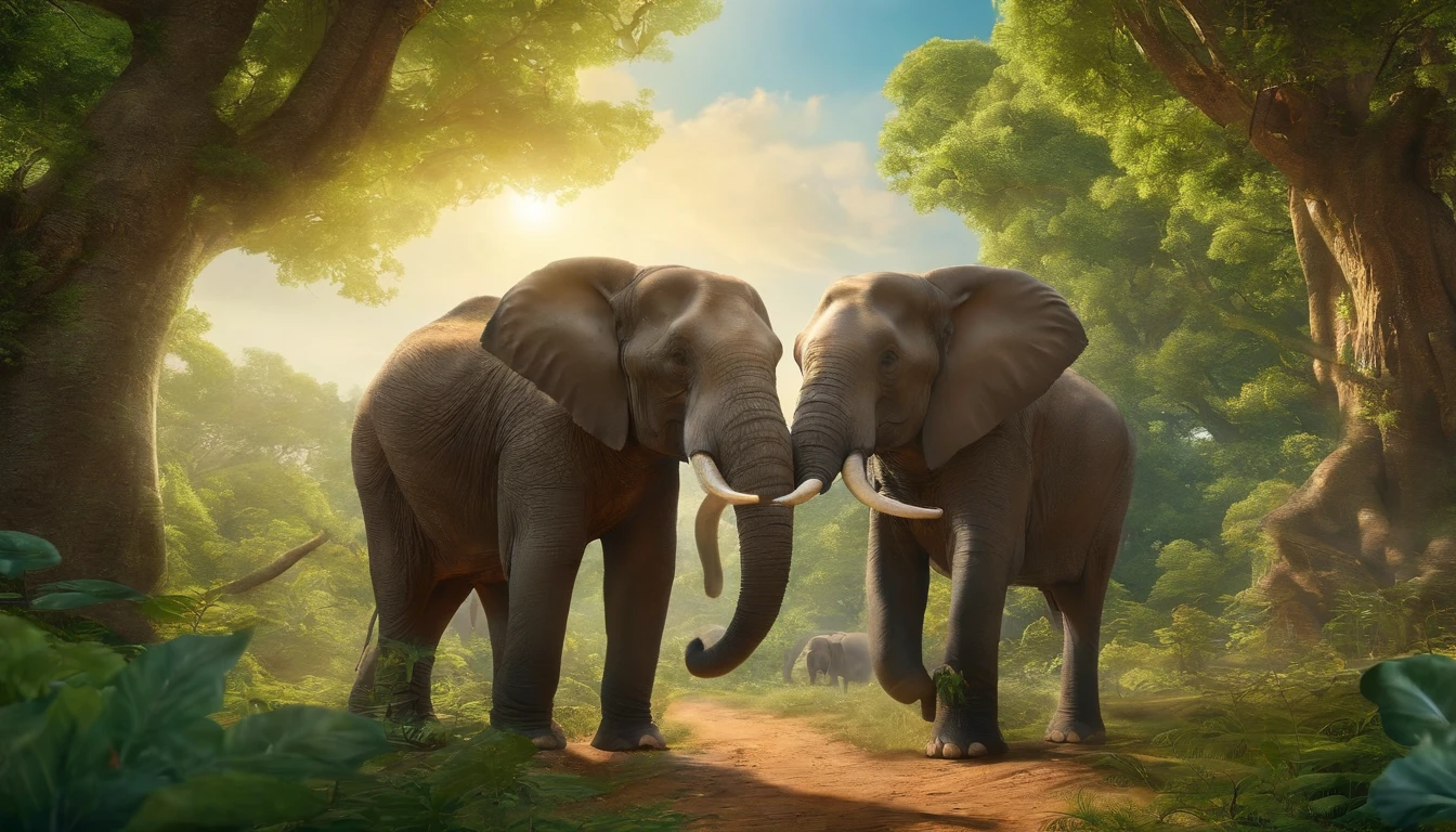 a peaceful forest scene with lush green trees, a clear blue sky, and various animals going about their day. A close-up the wise old elephant, can be seen in the foreground, giving viewers a sense of the main character.