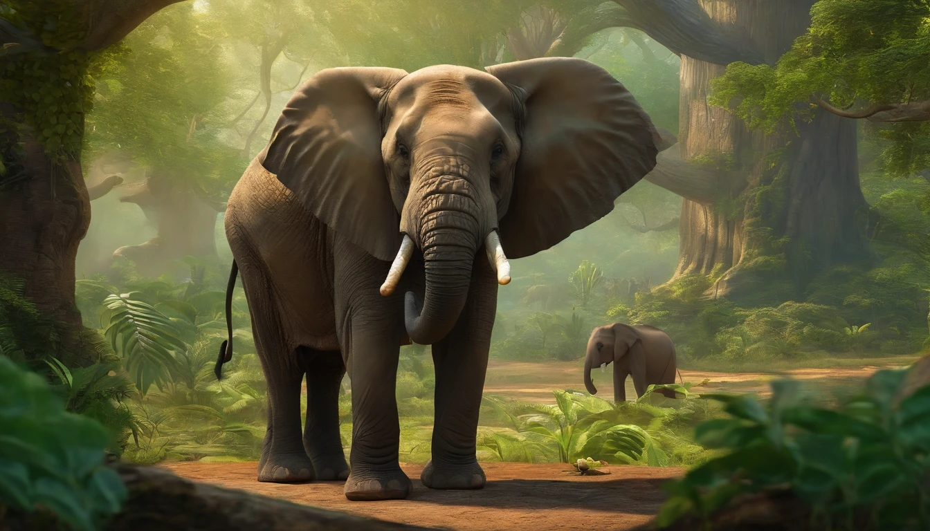 a peaceful forest scene with lush green trees, a clear blue sky, and various animals going about their day. A close-up the wise old elephant, can be seen in the foreground, giving viewers a sense of the main character.
