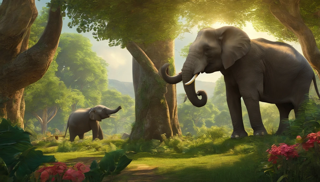 a peaceful forest scene with lush green trees, a clear blue sky, and various animals going about their day. A close-up the wise old elephant, can be seen in the foreground, giving viewers a sense of the main character.