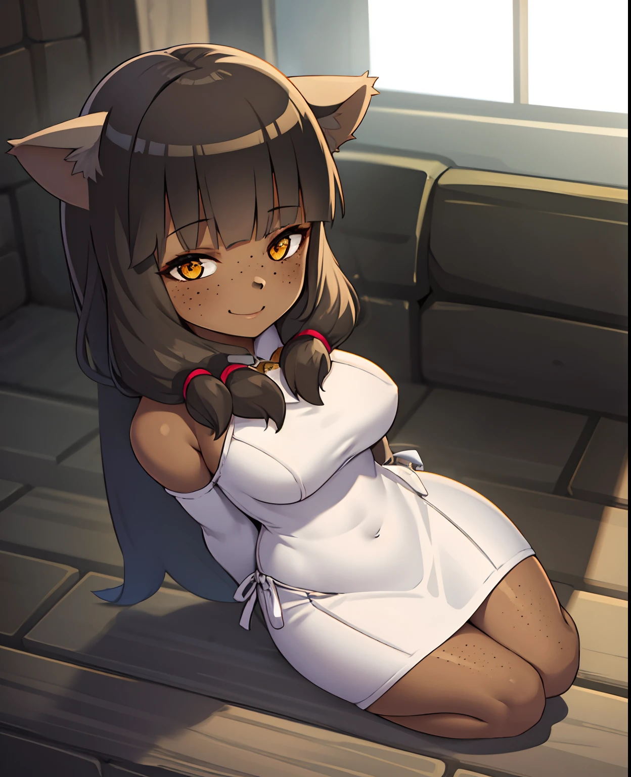 1girl, dark skin, smile, cat ears, bangs, long hair, freckles, full body, princess dress