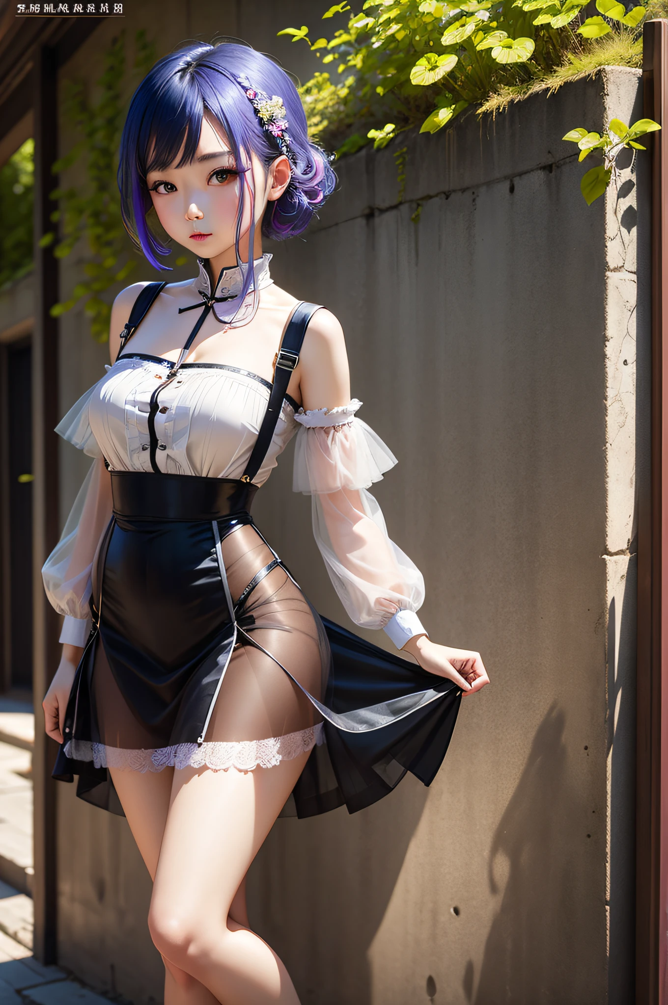 Masterpiece, superlative, chinese spring dress, colored hair, outdoor, magazine cover, transparent short skirt,, suspenders, light tulle, wide hips, thin waist, smooth soft and delicate skin