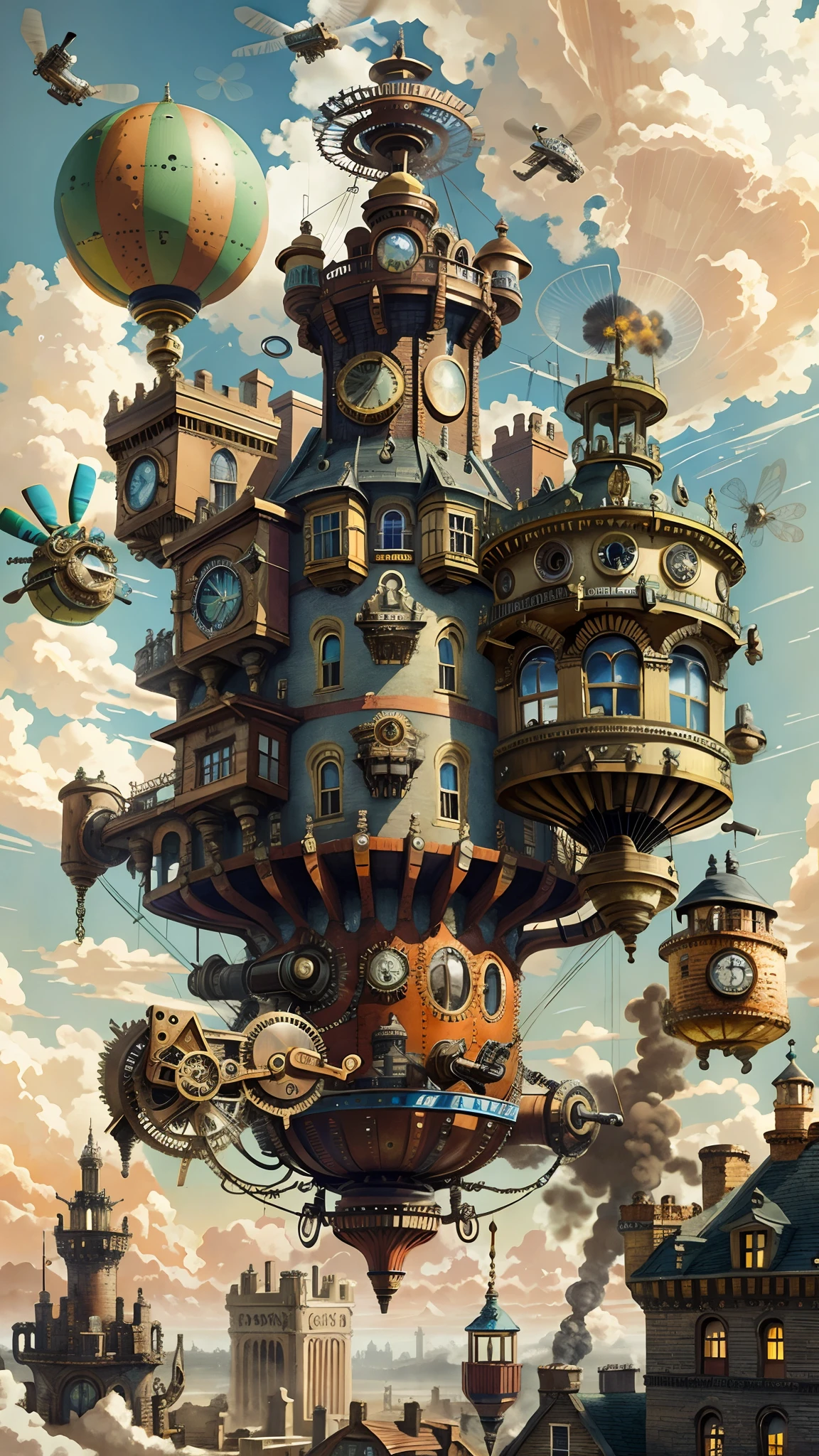Vibrant and colorful SteamPunkAI, Cogpunk helicopter, city castle, steampunk