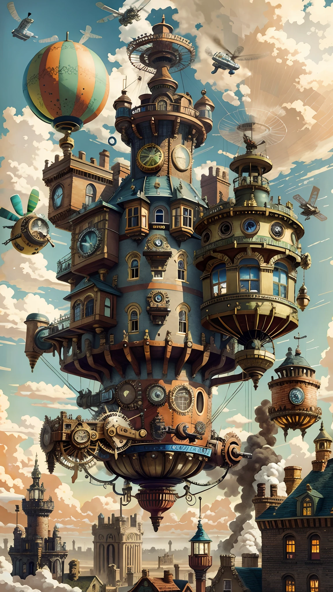 Vibrant and colorful SteamPunkAI, Cogpunk helicopter, city castle, steampunk