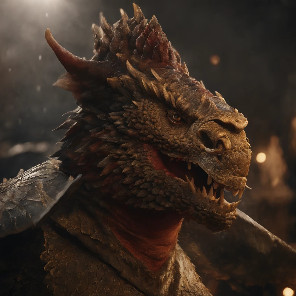 Golden Tenryu,Harsh red eyes,Close-up release of blood fire from the nose,Chest scales,high high quality,8K,Many details,Fire lettuce,Alas,4 legs,Spotted claws,golds,dangers,fires,dentes pontiagudos,big dragon,immensity,threatening,imponent