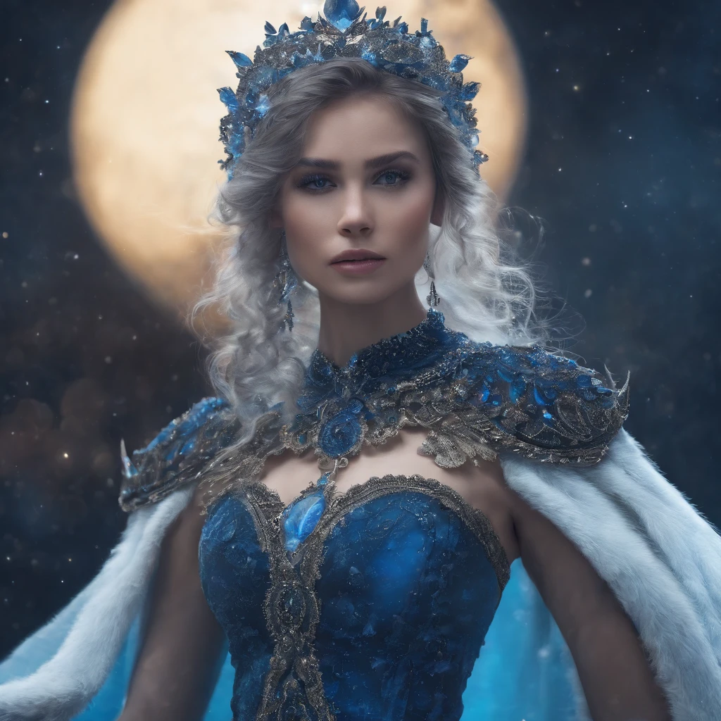 night, ((1 girl)), alone, masterpiece, 8k wallpaper, highres, absurdres, high quality background, short hair, black hair, multicolor hair, beautiful frozen village, (full bright moon), blue dress, detailed dress, jewelry dress, (magic:1.2), blue fire, blue eyes, glowing eyes, fire, ice goddess, (blue detailed beautiful crown), electricity, blue electricity, blue light particles