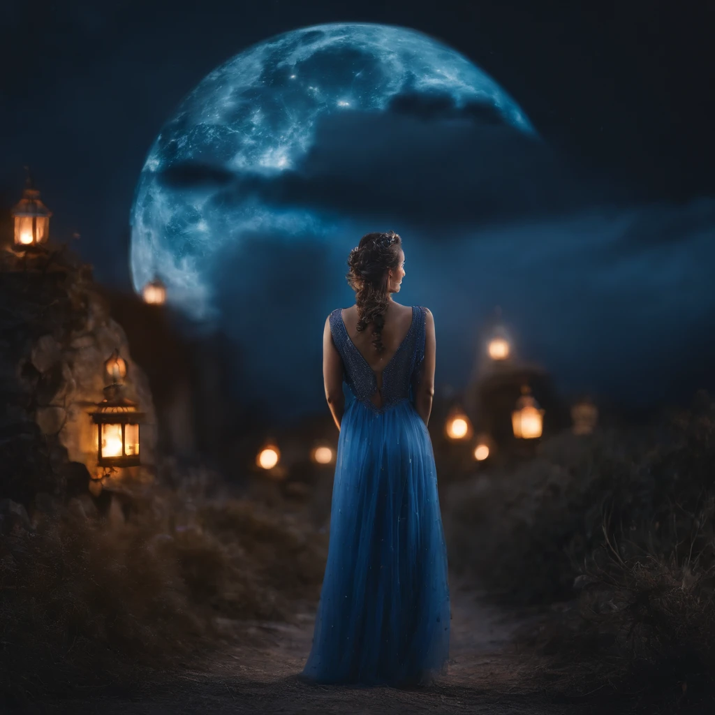 night, ((1 girl)), alone, masterpiece, 8k wallpaper, highres, absurdres, high quality background, short hair, black hair, multicolor hair, beautiful frozen village, (full bright moon), blue dress, detailed dress, jewelry dress, (magic:1.2), blue fire, blue eyes, glowing eyes, fire, ice goddess, (blue detailed beautiful crown), electricity, blue electricity, blue light particles