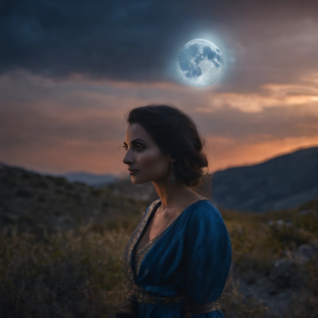 night, ((1 girl)), alone, masterpiece, 8k wallpaper, highres, absurdres, high quality background, short hair, black hair, multicolor hair, beautiful frozen village, (full bright moon), blue dress, detailed dress, jewelry dress, (magic:1.2), blue fire, blue eyes, glowing eyes, fire, ice goddess, (blue detailed beautiful crown), electricity, blue electricity, blue light particles