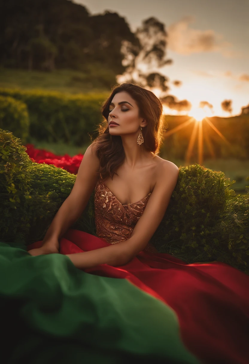 Jovem morena, de olhos verdes, com roupa interior curta e justa com rabo enorme, num por de sol, 4k, high resolution photo