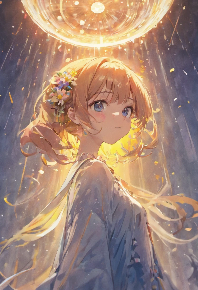 (masterpiece), (best quality), (ultra detailed),(disheveled hair),(illustration), (1girl), (Fashionable clothing), standing, Fashion model, looking at viewer, (interview), (simple background),beautiful detailed eyes, delicate beautiful face, Floating,(high saturation),(colorful splashes),colorful bubble,(shining), focus on face,  ponytail, kamisato ayaka, light blue hair, bangs, hair ring, floating flowers, floating hairs, (shining), best lighting, best shadow,
