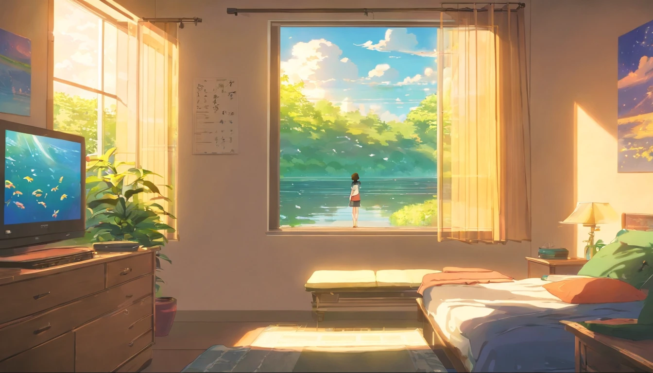 Menino de 18 anos dormindo na cama em seu quarto、Vestindo uma camiseta com um design de carpa、In the room there is a pond with carp、A photo of the first time I caught a carp is included in a picture frame.、Oil painting with a huge carp on the wall
