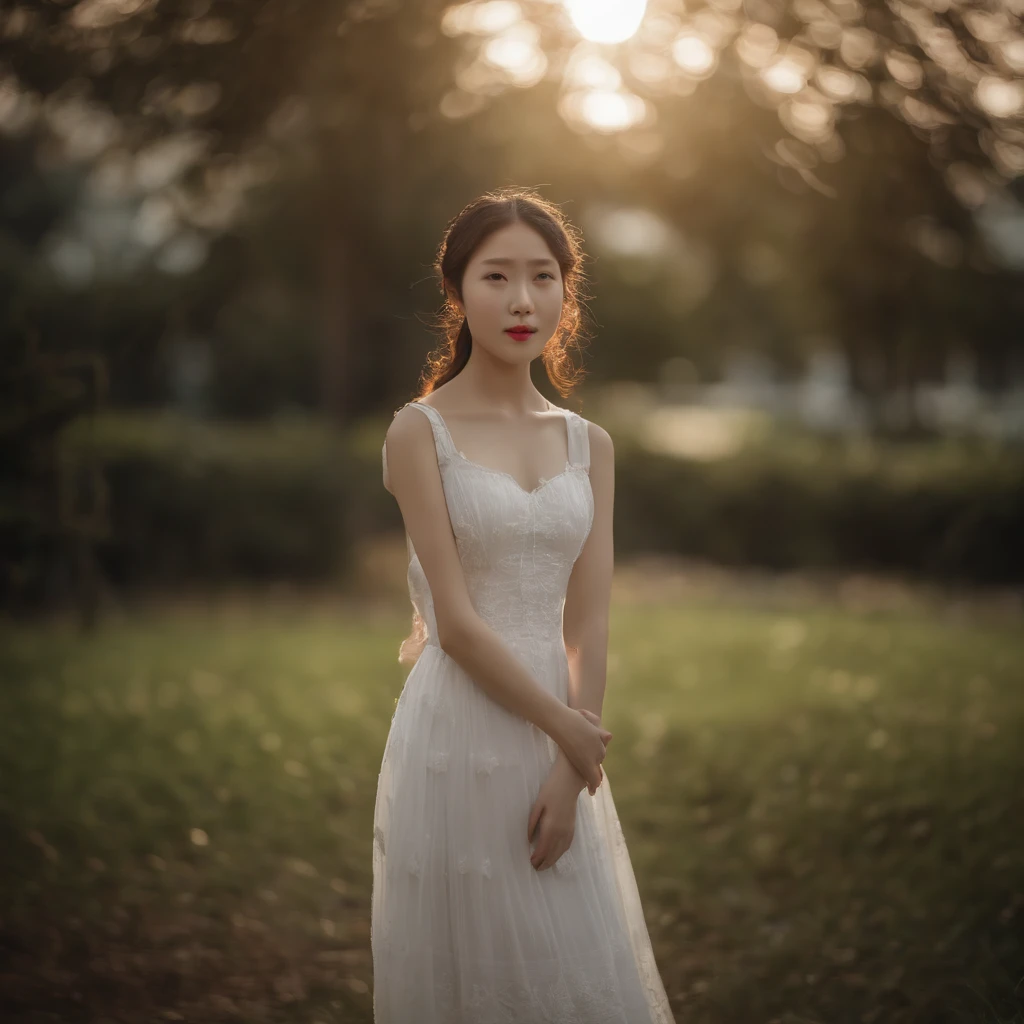 (8k, RAW photo, best quality, masterpiece:1.2), (realistic, photo-realistic:1.37), professional lighting, photon mapping, radiosity, Korean Doll, park, white summer dress