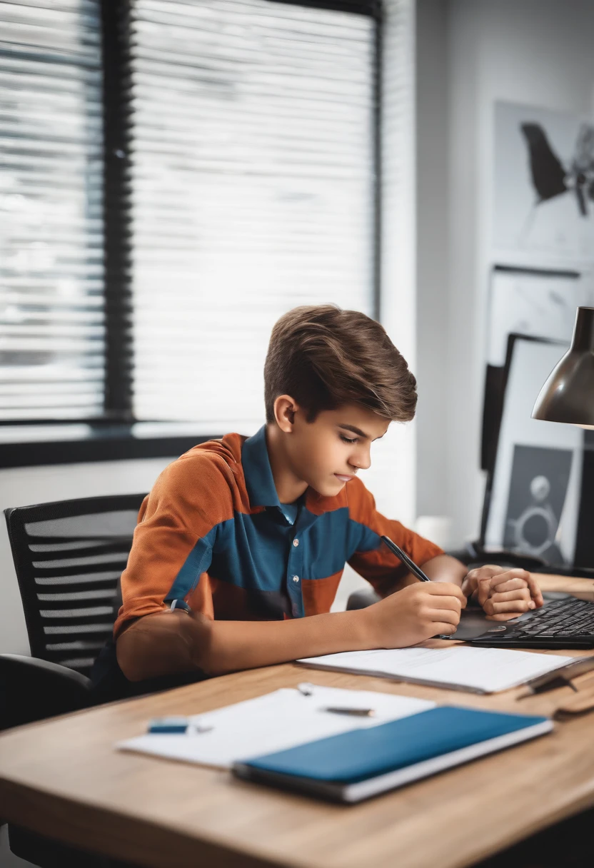 a boy studying digital marketing, high-res, detailed study room, computer with digital marketing tools, focused expression, colorful charts and graphs, modern office setup, vibrant colors, bright lighting, professional studying atmosphere, motivational quotes, growth mindset, modern technology, stylish furniture, inspirational posters