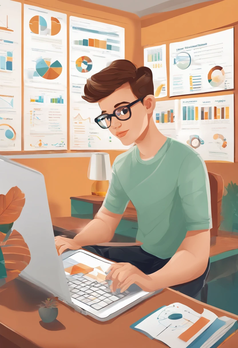 a boy studying digital marketing, high-res, detailed study room, computer with digital marketing tools, focused expression, colorful charts and graphs, modern office setup, vibrant colors, bright lighting, professional studying atmosphere, motivational quotes, growth mindset, modern technology, stylish furniture, inspirational posters