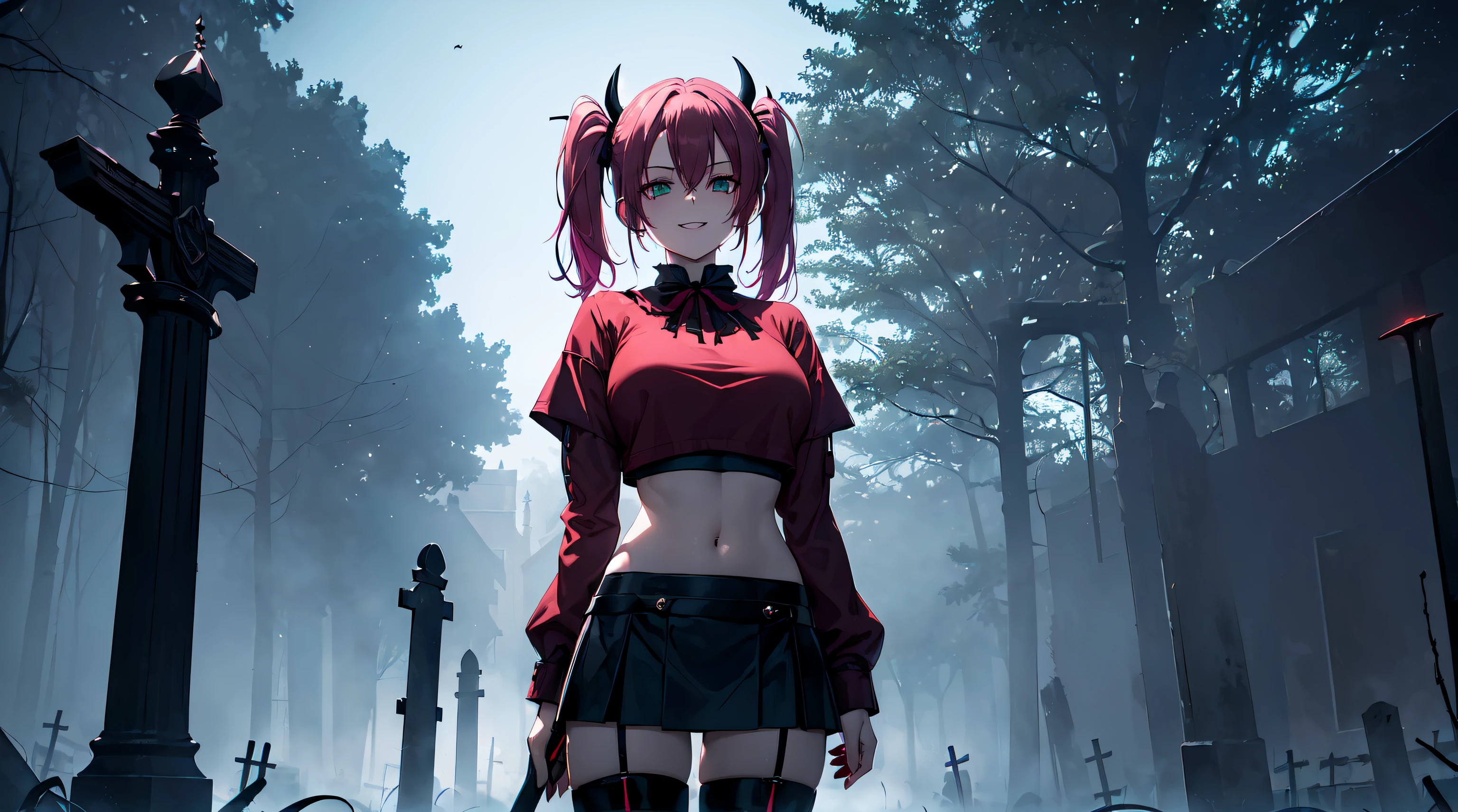 ​masterpiece, 1girl ((20year old, Devils Outfit, red crop top shirt exposes navel, black and red miniskirt, knee-high boots, thigh high socks, medium breasts, multicolor pink hair, twin ponytails, green eyes, flirting, happy, big smile, standing in a graveyard at night, scary and abandoned old Victorian styles homes, dark and spooky night atmosphere)), ((nighttime)), nightcore, ghosts