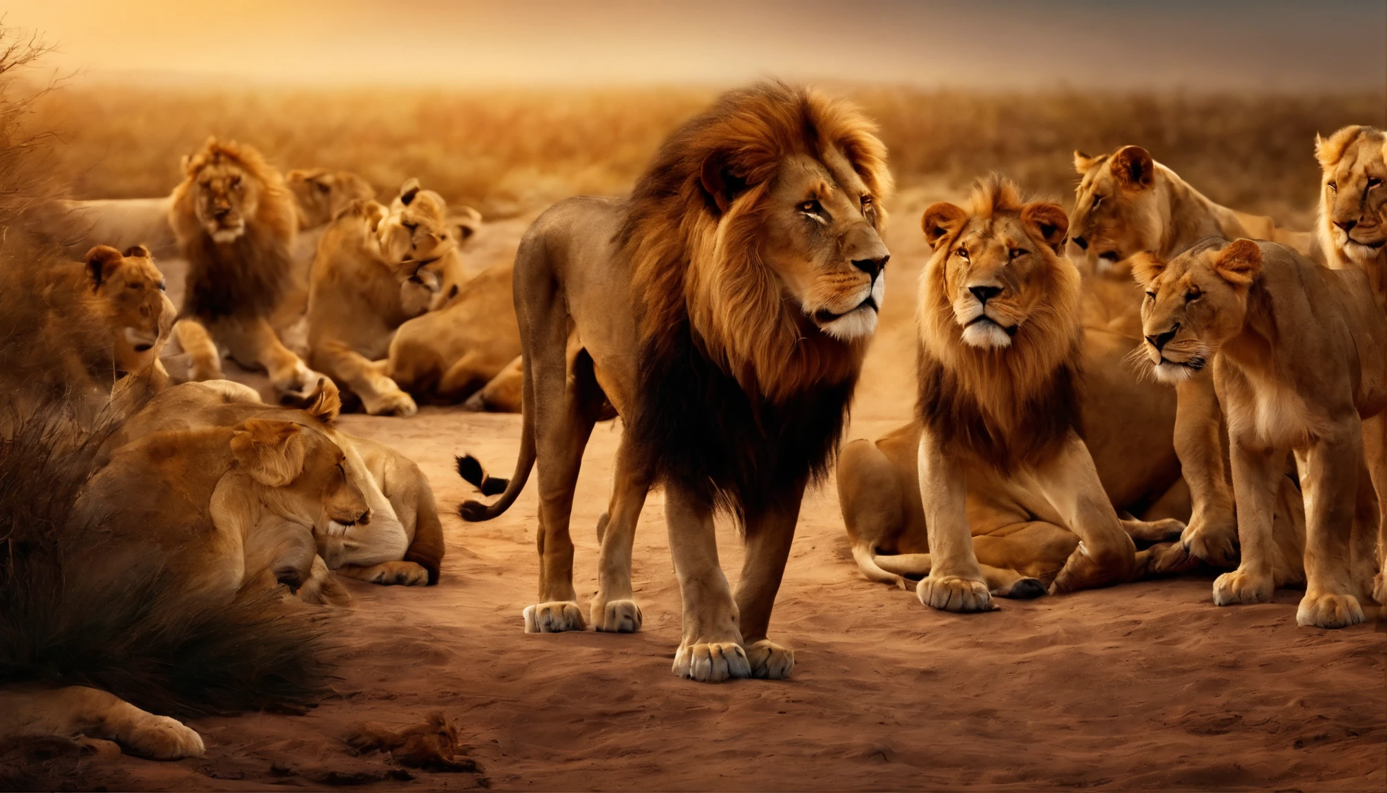 a scene where all the animals are gathered around a dry riverbed or a parched pond, looking worried and thirsty. the lion, can be in the center, representing the animals seeking help.