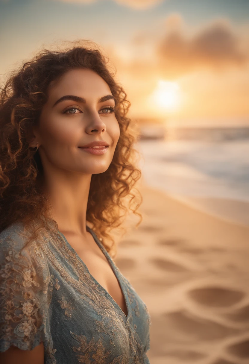 (best quality,4k,ultra-detailed,photo-realistic:1.2),beautiful detailed eyes,beautiful detailed lips,detailed face,curly long hair,thin waist,fit body,bright smile,confident posture,beach background,shining sun,clear blue water,soft sand,tropical vibe,natural lighting, vibrant colors