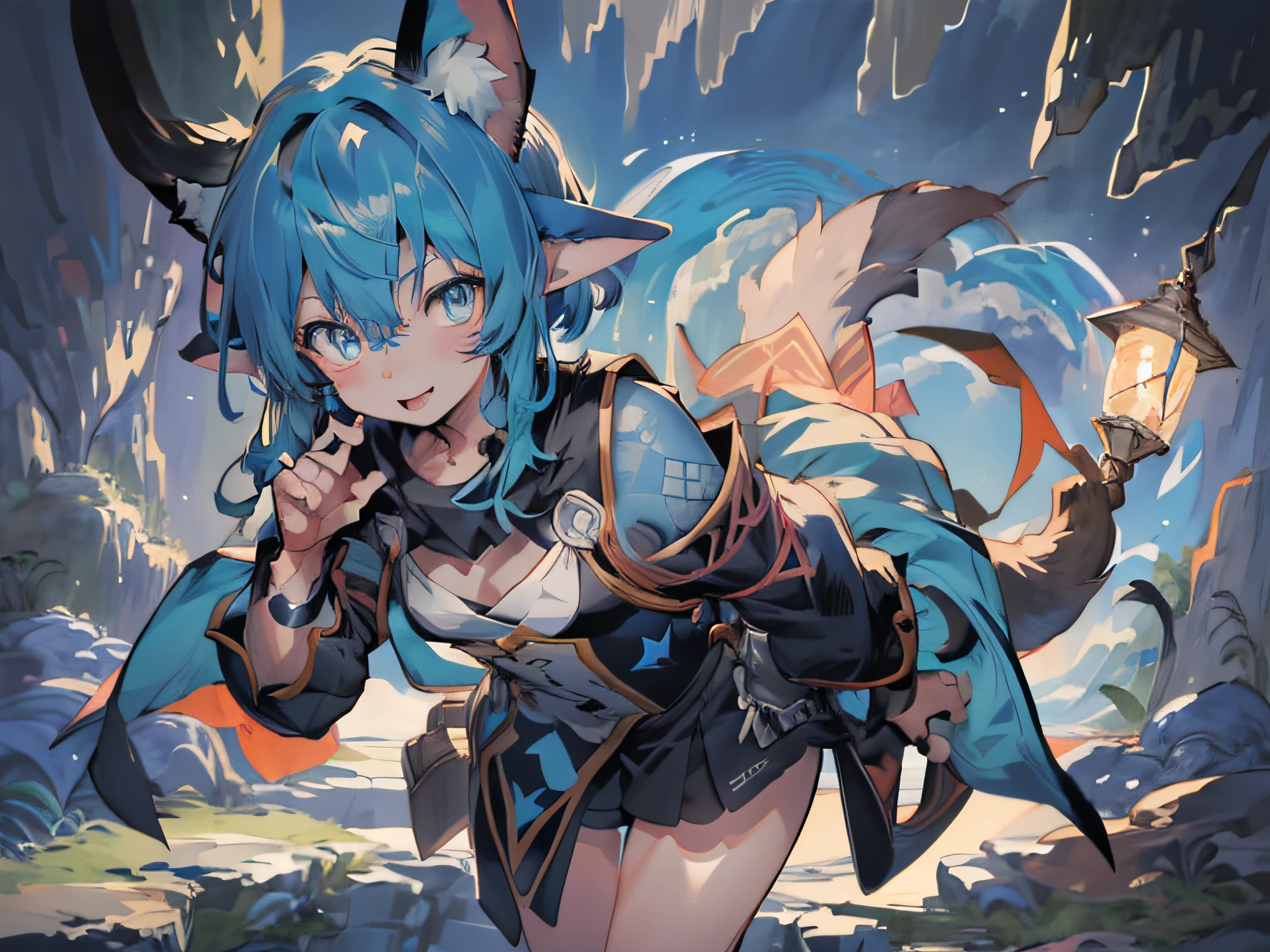 (((Top quality, 8k, masterpiece))) Anime style, large eared, hairy little human bat hybrid with blue hair, standing up, wears fantasy tribal clothes, a fantasy cave background