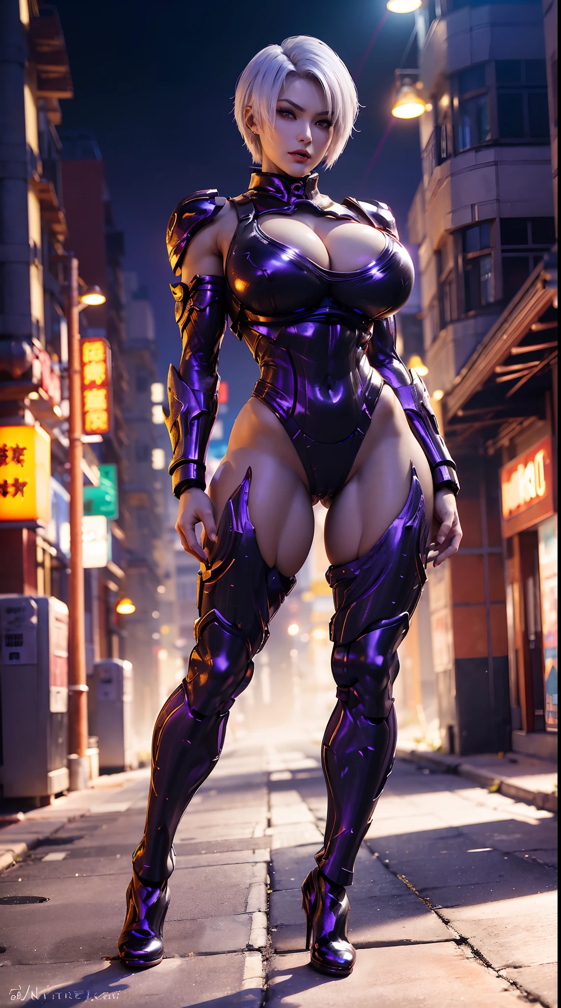 (DRAGON QUEEN), WHITE SHORT HAIR, HUGE FAKE BOOBS, (BEAUTIFUL FACE), (PURPLE, BLACK, RED), (STREET CITY BACKGROUND), FUTURISTIC MECHA BODYSUIT, (CLEAVAGE), (SKINTIGHT YOGA PANTS), (HIGH HEELS), (PERFECT BODY:1.2), (FULL BODY VIEW), (LOOKING AT VIEWER), (STANDING:1.3), MUSCULAR BODY, MUSCLE ABS, UHD, 8K, 1080P.