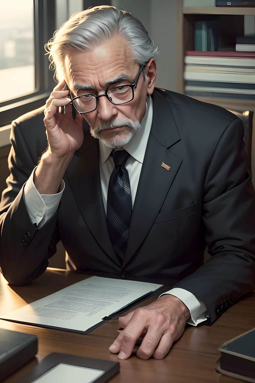A close up of a old man 60 years old , sharp looking very smart, college professor, with eye glasses, wearing a black suit,sitting on his desk in a dark office