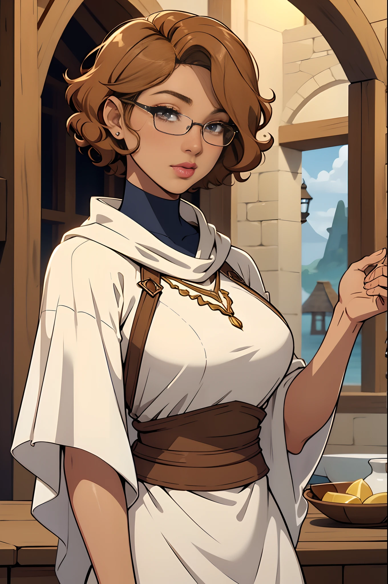 Solo, female, tan skin, curly hair, (((short hair))), light mahogany hair, lipstick, eyeliner, eyelashes, thick eyelashes, big breasts, white linen tunic, navy cloak, glasses, fantasy village,