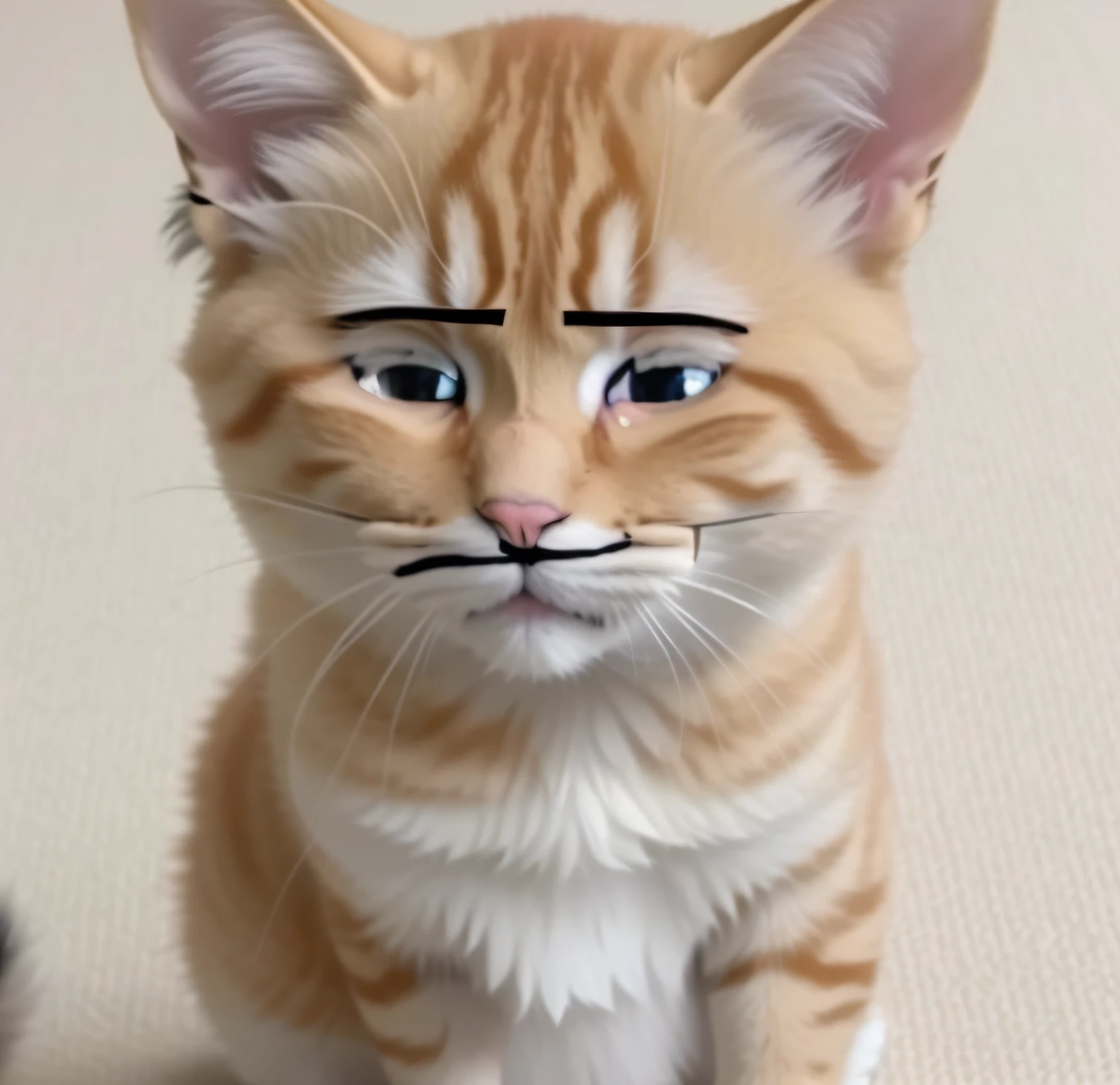 With one cat,A painted face is drawn on the face, anime cat, realistic anime cat, sad cat, the cat is smiling, Red Dieter meme, cynical face, r/awww, he is sad, Frowning, garfield cat face, Perfect anime face, in an anime style, smiling wryly, really realistic, Sora as a cat