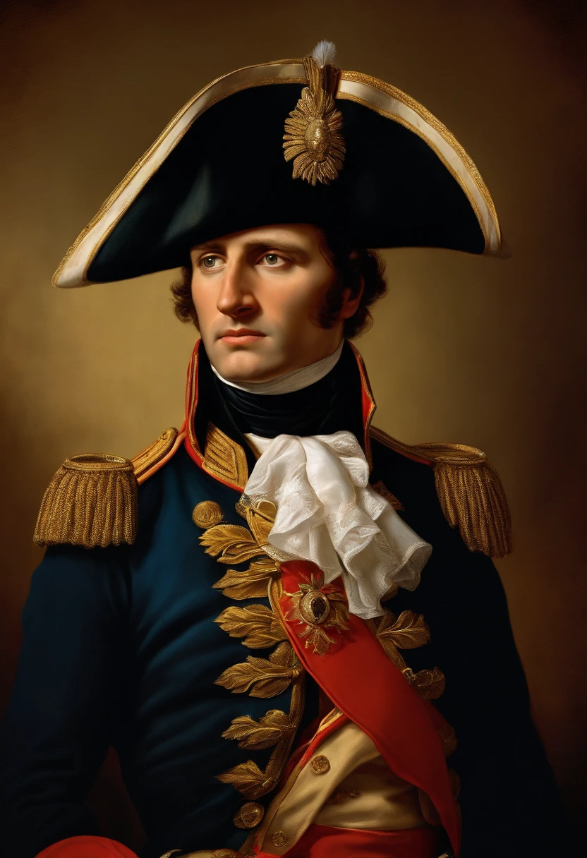 portrait of napoleon bonaparte, real life skin, intricate, atmospheric background, elegant, highly detailed, hyper realistic, hyper realism, hyper cinematic, soft light, low-contrast film, concept art, smooth, sharp focus, art by artgerm and greg rutkowski and alphonse mucha