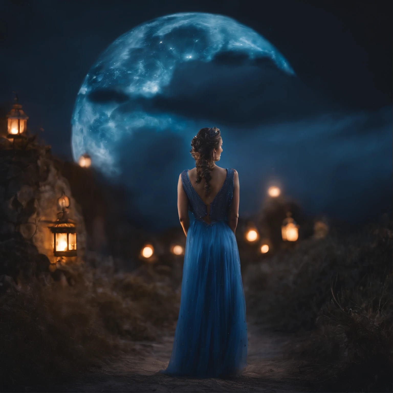 night, ((1 girl)), alone, masterpiece, 8k wallpaper, highres, absurdres, high quality background, short hair, black hair, multicolor hair, beautiful frozen village, (full bright moon), blue dress, detailed dress, jewelry dress, (magic:1.2), blue fire, blue eyes, glowing eyes, fire, ice goddess, (blue detailed beautiful crown), electricity, blue electricity, blue light particles