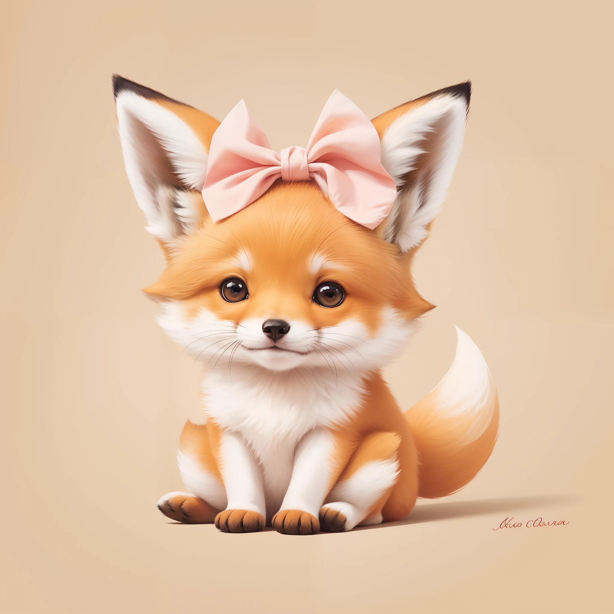 There's a painting of an orange fox, he's sitting, wearing a pink bow on his head , orelhas cor-de-rosa, cute illustration, Kawai, vetor, circunstanciado, beautiful illustration