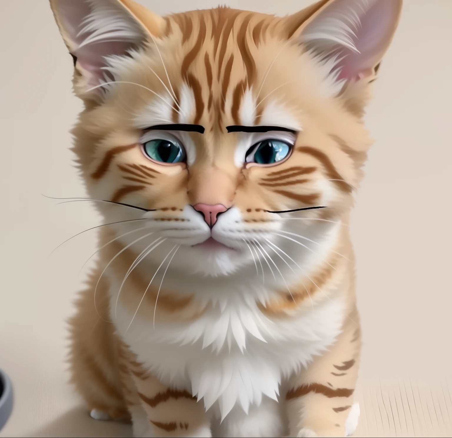 With one cat，Draw a painted face on the face, anime cat, realistic anime cat, sad cat, the cat is smiling, Red Dieter meme, cynical face, r/awww, he is sad, Frowning, garfield cat face, Perfect anime face, in an anime style, smiling wryly, really realistic, Sora as a cat