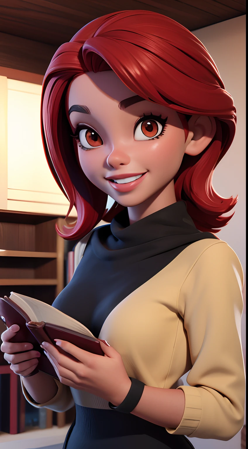 Mulher, cabelo, vermelho, corpo inteiro, Book in hands, sorridente, feliz, melhor qualidade, 3d