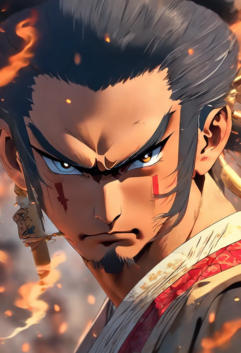 (((Japanese Man))) best quality, ultra-high resolution, 4K detailed CG, master piece,Man,sad expression,sad eyes,Black hair,samurai,Japanese clothes, smoke,((Sad look)), Japanese mythology, Japan, Shui Mo Hua, Chinese painting style, Thangka style, aesthetics, Beautiful image, depth of field, Centered image