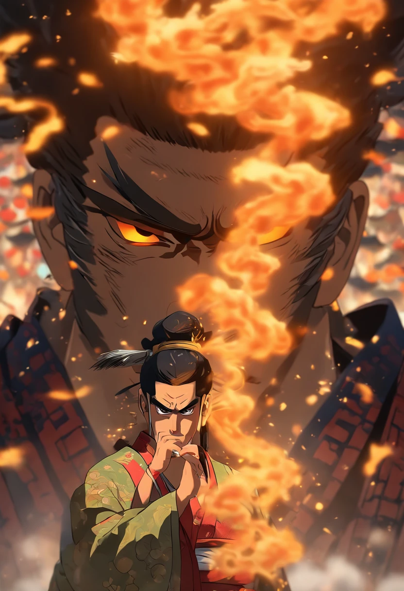 (((Japanese Man))) best quality, ultra-high resolution, 4K detailed CG, master piece,Man,sad expression,sad eyes,Black hair,samurai,Japanese clothes, smoke,((Sad look)), Japanese mythology, Japan, Shui Mo Hua, Chinese painting style, Thangka style, aesthetics, Beautiful image, depth of field, Centered image