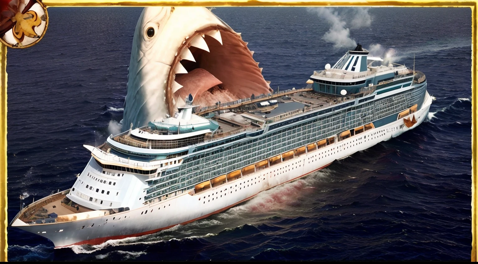 arafed ship with a giant shark mouth and a giant shark mouth, sea monster looks like ship, megalodon, 👁🌹👾, thalassophobia, photoreal”, subreddit / r / whale, terrifying!!!, photobashing, shark face, the titanic is sinking, 🪔 🎨;🌞🌄