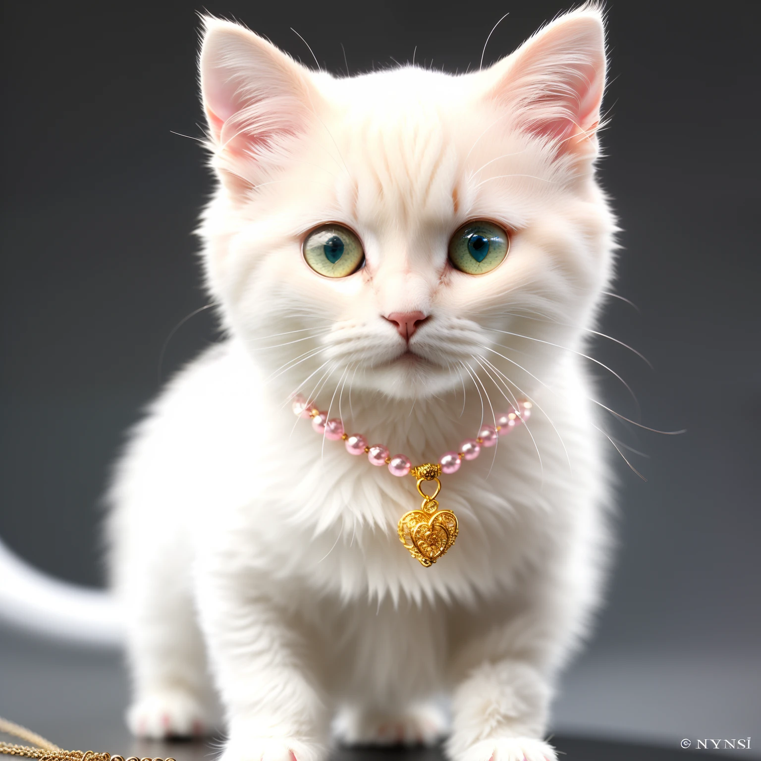 Russian kitten、([tailed | Detailed wire]: 1.3)、(intricate detailes)、nffsw、(intricate detailes、Hyper-detailing:1.4)、4k texture、Soft Cinematic Lights、Photolab、nffsw、with an intricate、elegent、cinematic shot、vignettes、centering、Facing the front、Pink coat、The whole picture、Deities々Background、roundly eyes、Heart-shaped necklace、