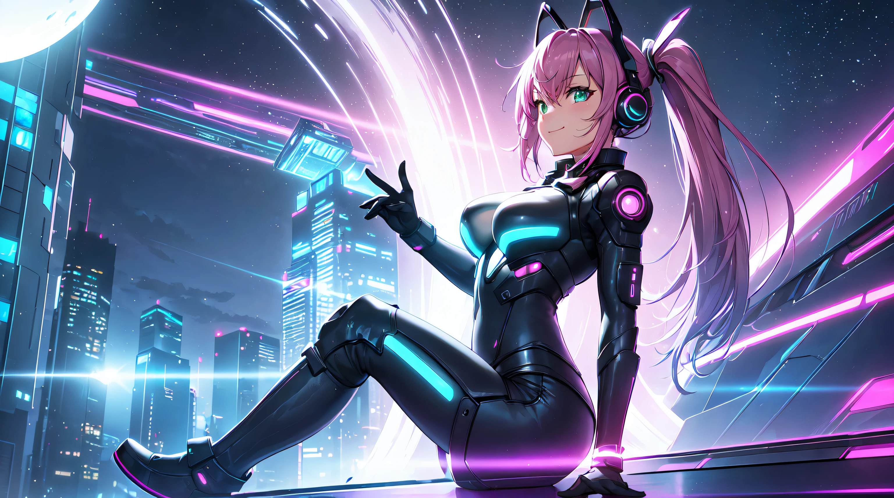 masterpiece, 1girl ((20year old, bodysuit, futuristic space suit, knee-high boots, medium breasts, multi-color pink hair, twin ponytails, green eyes, flirting, happy, big smile, looking into camera, headphones, standing in the street of a SCI-FI futuristic and modern moon base street, towering skyscrapers, futuristic and energetic atmosphere)) ((nighttime)) ((low camera angle))