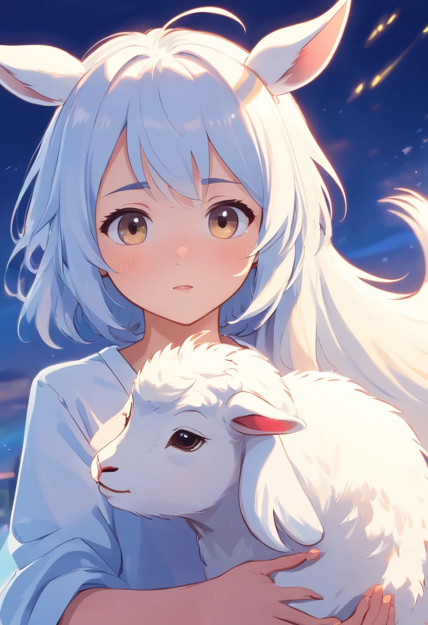 white fur, baby goat, round face, cute goat, short horns, cartoony,, vetorial line art,