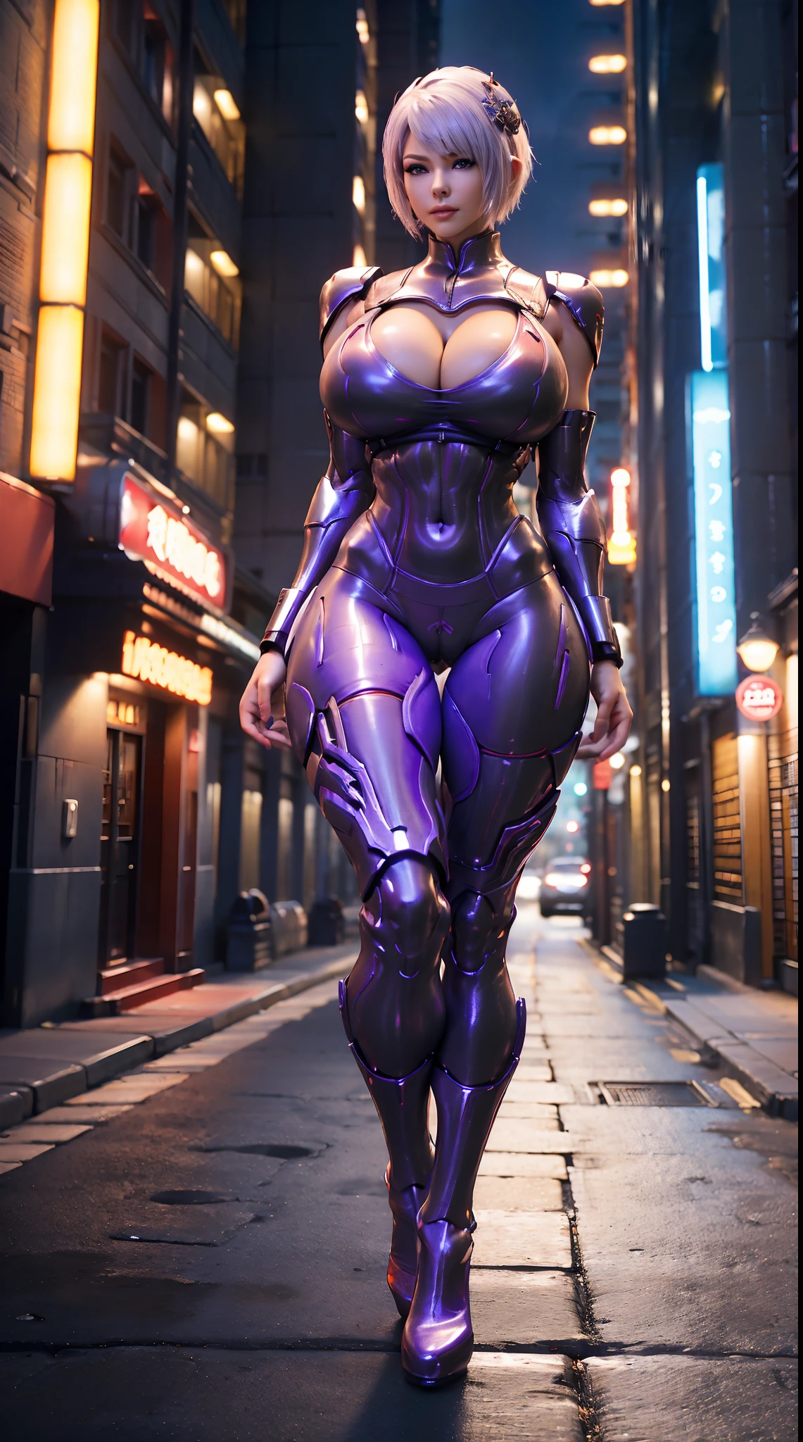 (DRAGON QUEEN), WHITE SHORT HAIR, HUGE FAKE BOOBS, (BEAUTIFUL FACE), (PURPLE, BLACK, RED), (STREET CITY BACKGROUND), FUTURISTIC MECHA BODYSUIT, (CLEAVAGE), (SKINTIGHT YOGA PANTS), (HIGH HEELS), (PERFECT BODY:1.2), (FULL BODY VIEW), (LOOKING AT VIEWER), (STANDING:1.3), MUSCULAR BODY, MUSCLE ABS, UHD, 8K, 1080P.