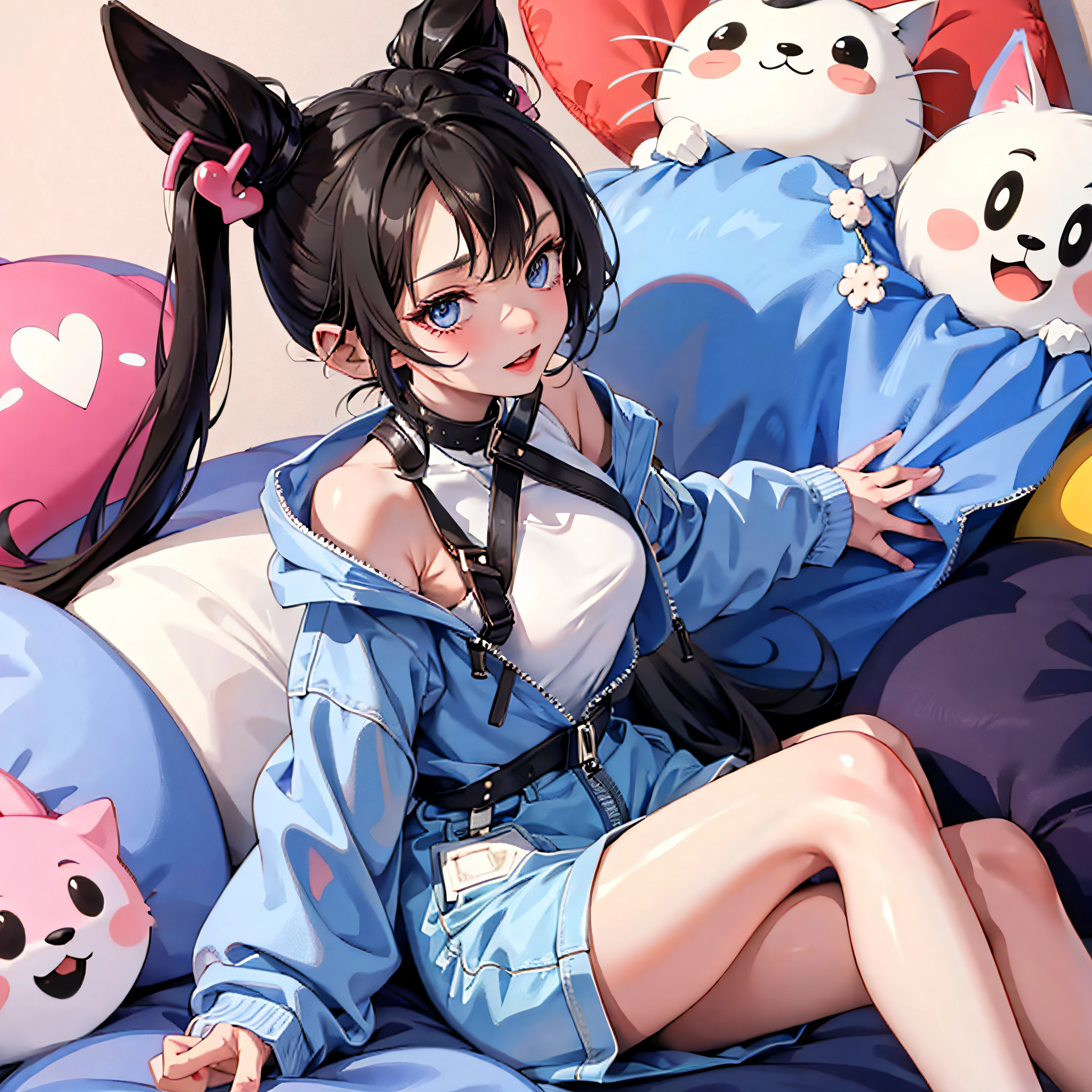 (1 girl), (Masterpiece, ultra-high quality, perfect anatomy, perfect body, perfect face, HD quality, best quality, best lighting, bedroom setting, perfect quality), (Vanellope von Schweetz) , (black hair with colored sprinkles, twintail hairstyle, red ribbon, large brown eyes, pink blush on cheeks, content expression, thighhighs, cropped hoodie underboob, cropped hoodie, underboob, hoodie, no panties), (laying on bed, on her back), (perfect round breasts:1.3), hot female, pov from above, (breedable), blushing, embarassed