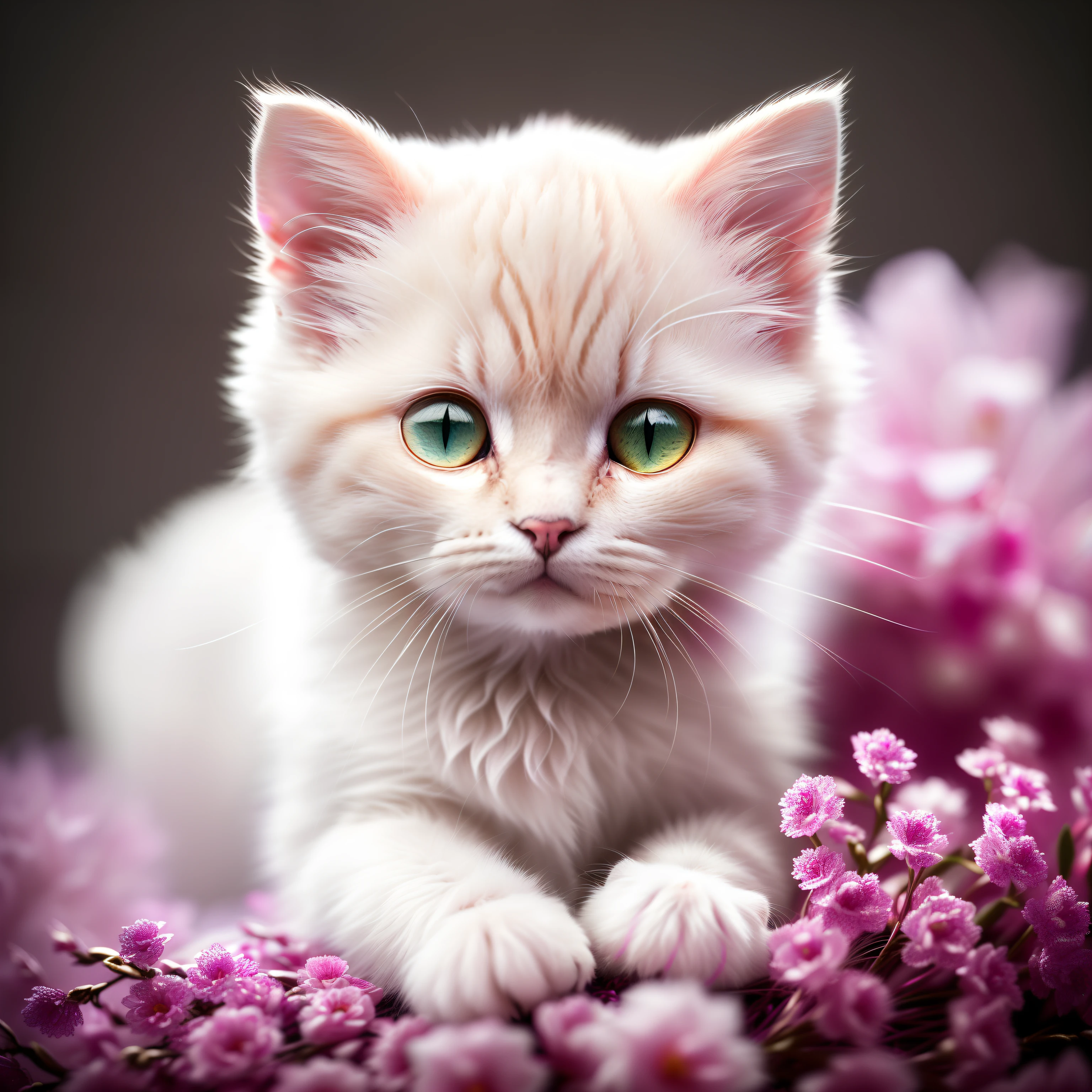 Russian kitten、([tailed | Detailed wire]: 1.3)、(intricate detailes)、HDR、(intricate detailes、Hyper-detailing:1.4)、4k texture、Soft Cinematic Lights、photolab、HDR、with an intricate、elegent、cinematic shot、vignettes、centering、Facing the front、Pink coat、The whole picture、Deities々Background、