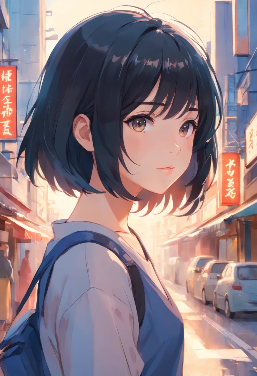 Watercolor style、digitalart、Black Hair Bob、Japan Beautiful Girl、realistic