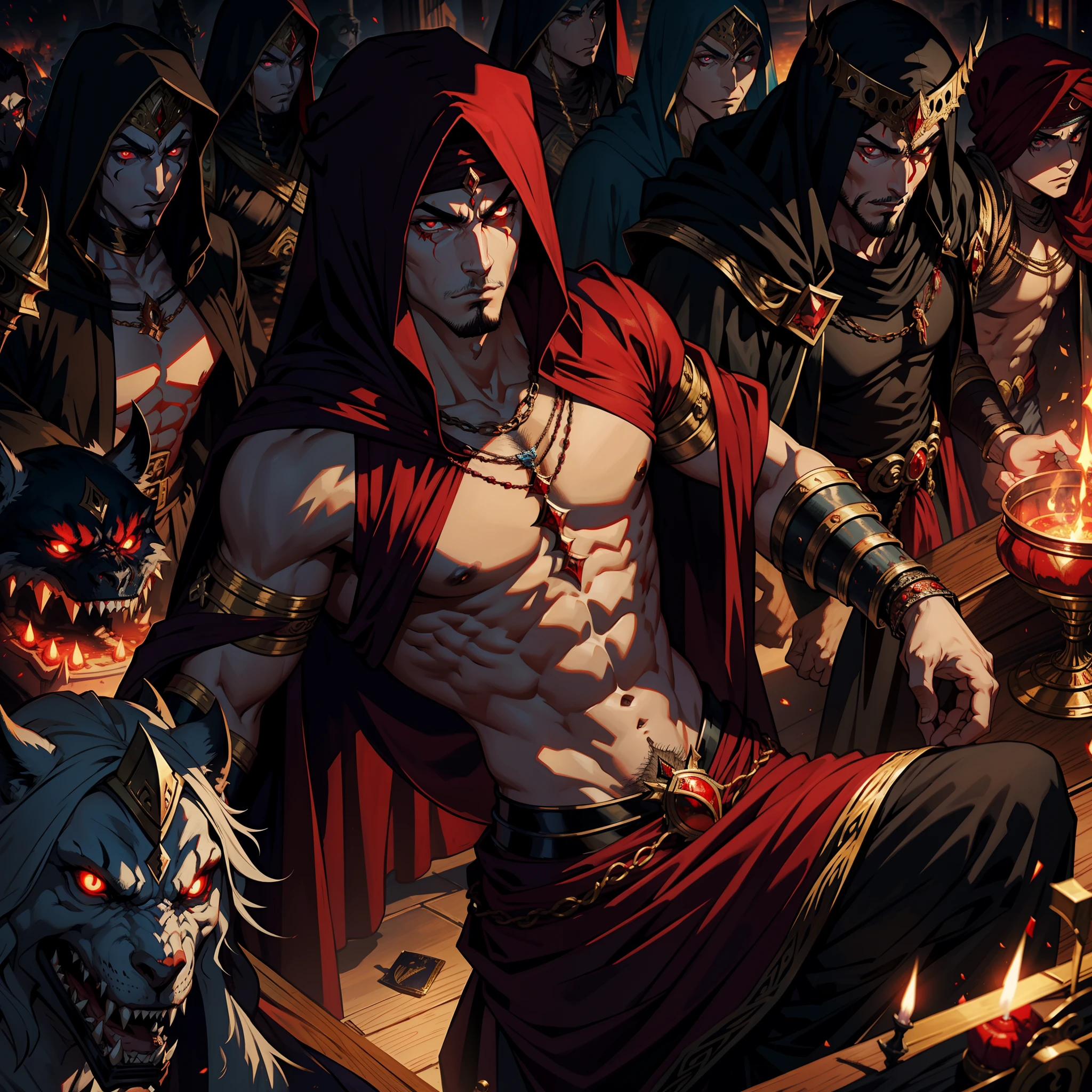 Arabian moroccan handsome muscular full muscular scary Legendary Lord Dracula with red turban fierce look going in group of demons to battle sharp détails cinématique scènes movie Epic Legendary Lord Dracula leading troops Islamique marocain environnement