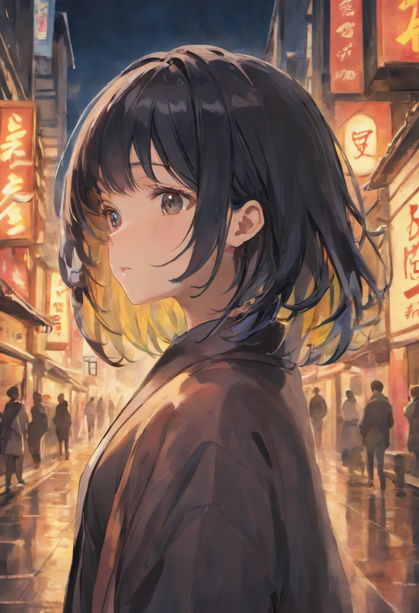 Watercolor style、digitalart、Black Hair Bob、Japan Beautiful Girl、realistic