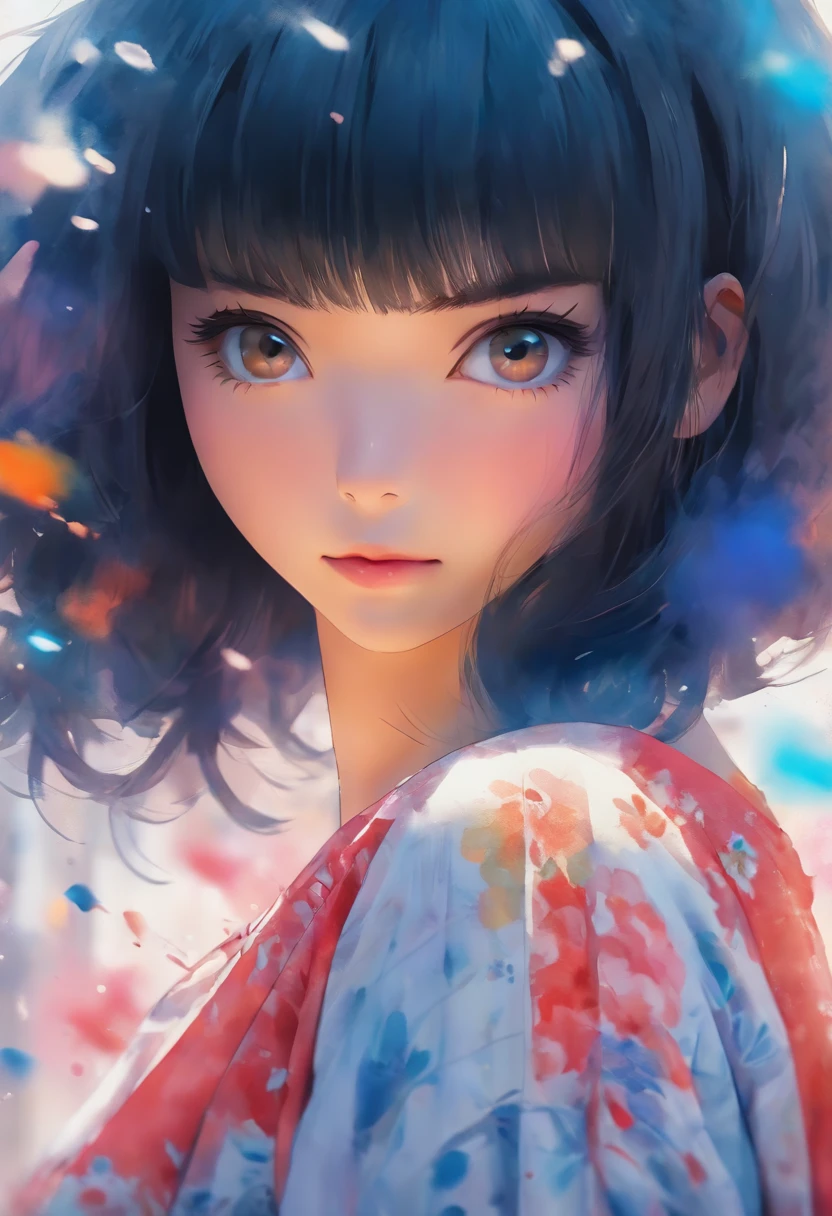 Watercolor style、digitalart、Black Hair Bob、Japan Beautiful Girl、realistic