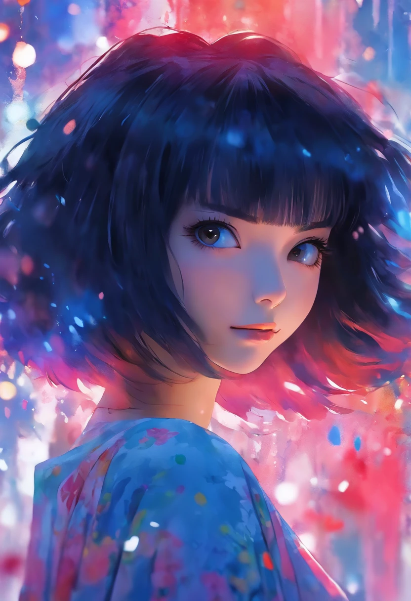 Watercolor style、digitalart、Black Hair Bob、Japan Beautiful Girl、realistic